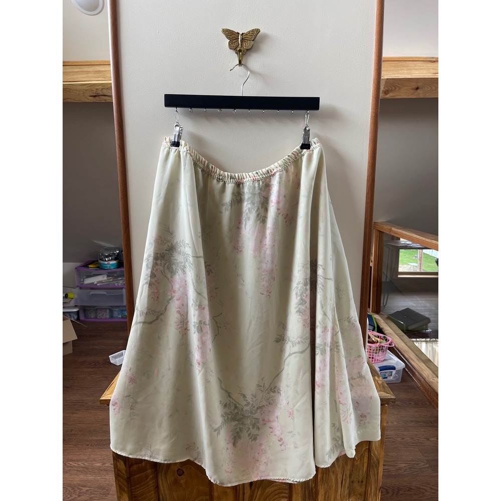 Womens Reversible Floral Midi Skirt Pink Green Elastic Waist Flowy
